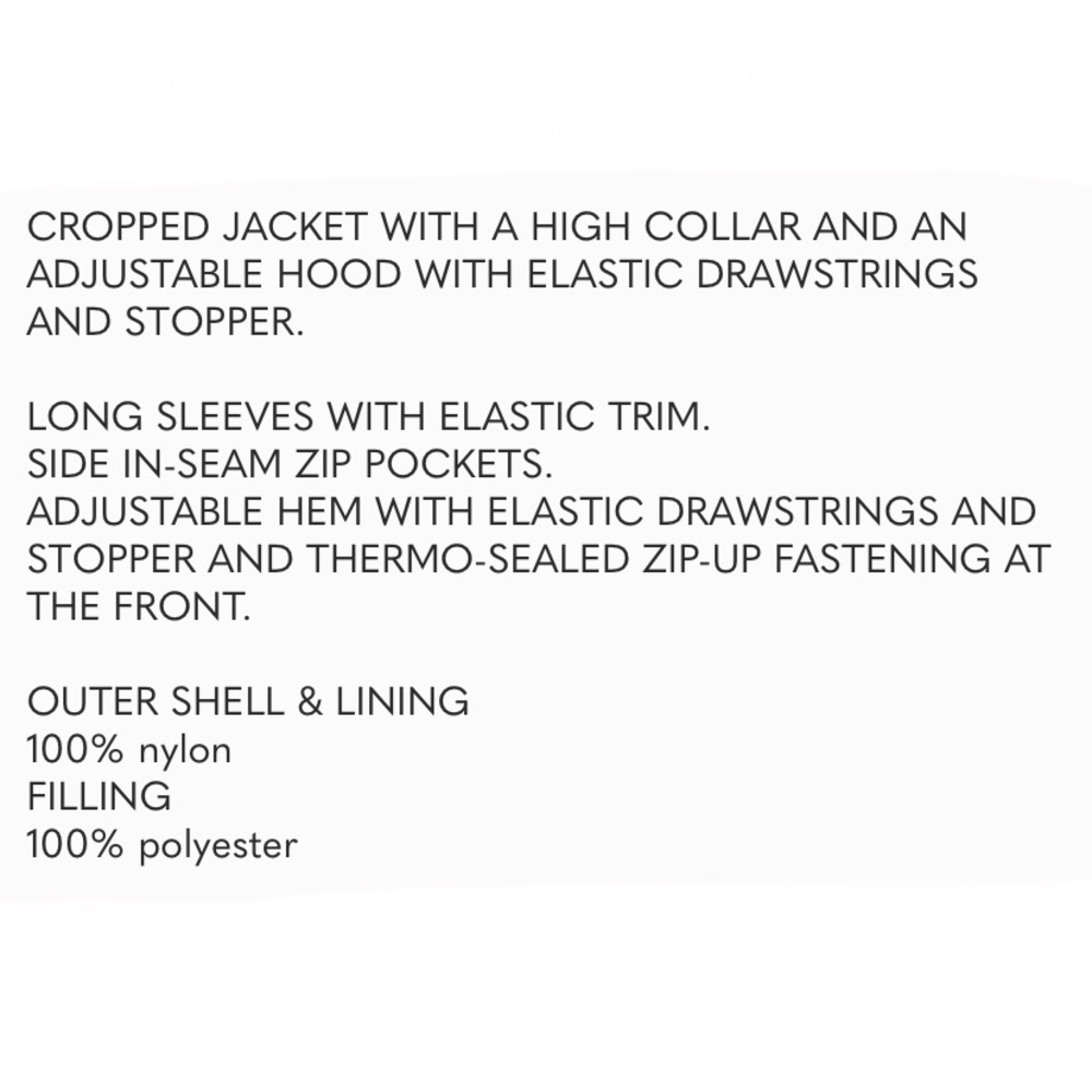 NWT ZARA PUFFER JACKET WATER REPELLENT CROP PUFFY JACKET CROPPED COAT XS - Picture 15 of 16